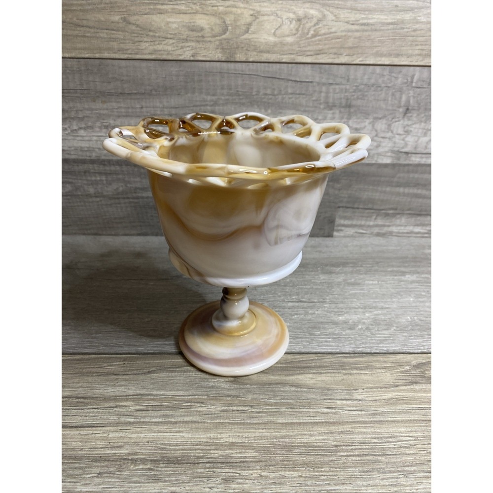 Vtg Laced Edge Imperial Slag Glass Caramel  Pedestal Candy Dish Planter USA